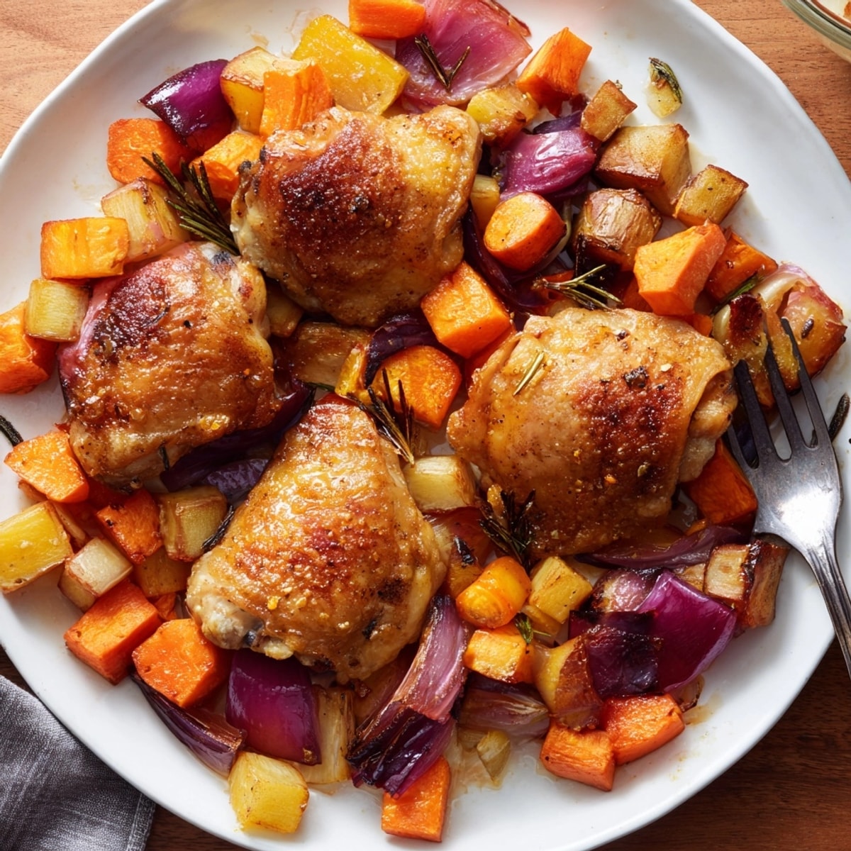 Golden Honey-Glazed Chicken with Roasted Root Vegetables sizzling, ready to be served family-style.