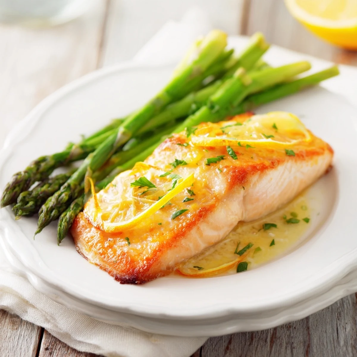 Golden-brown Skillet Lemon-Butter Salmon, perfectly cooked alongside tender asparagus spears, a delicious meal.