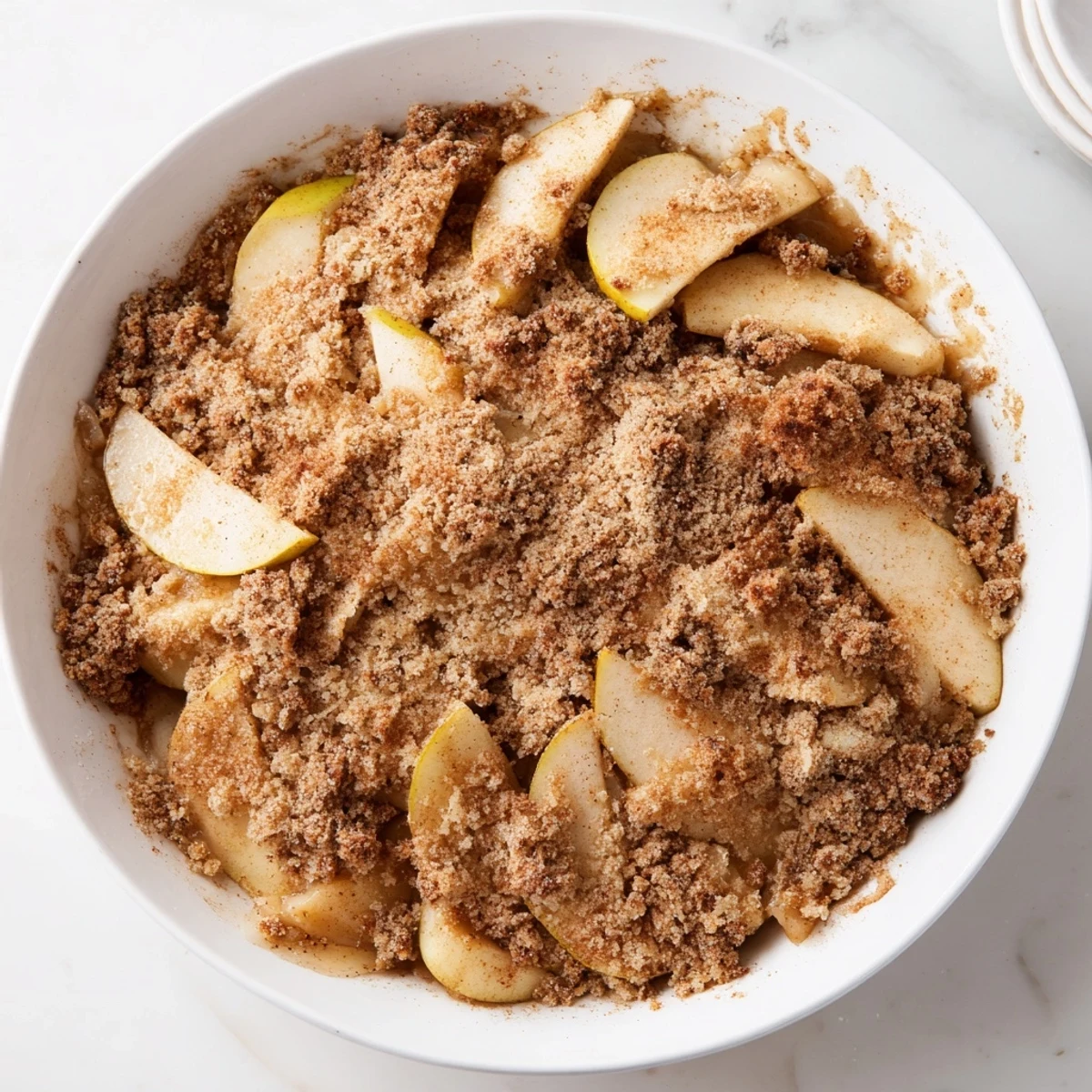 Warm rustic apple and cinnamon crumble, bubbling with apple filling and a crunchy, cinnamon crumble topping.