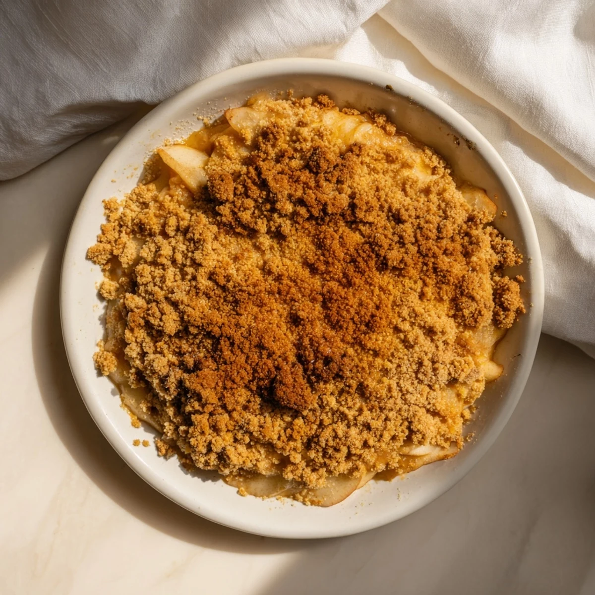 A warm dish of golden-brown apple cinnamon crumble, ready to be served with creamy vanilla ice cream.