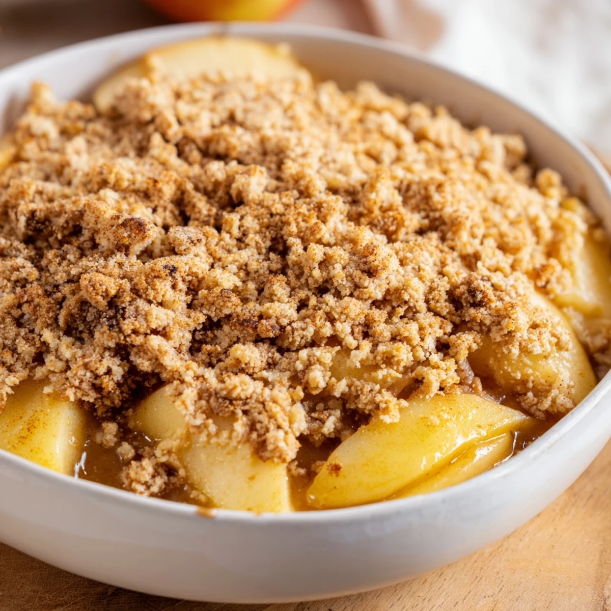 Freshly baked warm rustic apple and cinnamon crumble, showcasing tender apples beneath a buttery, sweet topping.