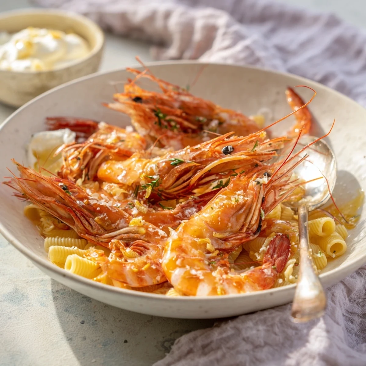 Light & Bright Lemon Herb Shrimp Scampi, beautifully plated, with glistening shrimp and a vibrant, citrus sauce.