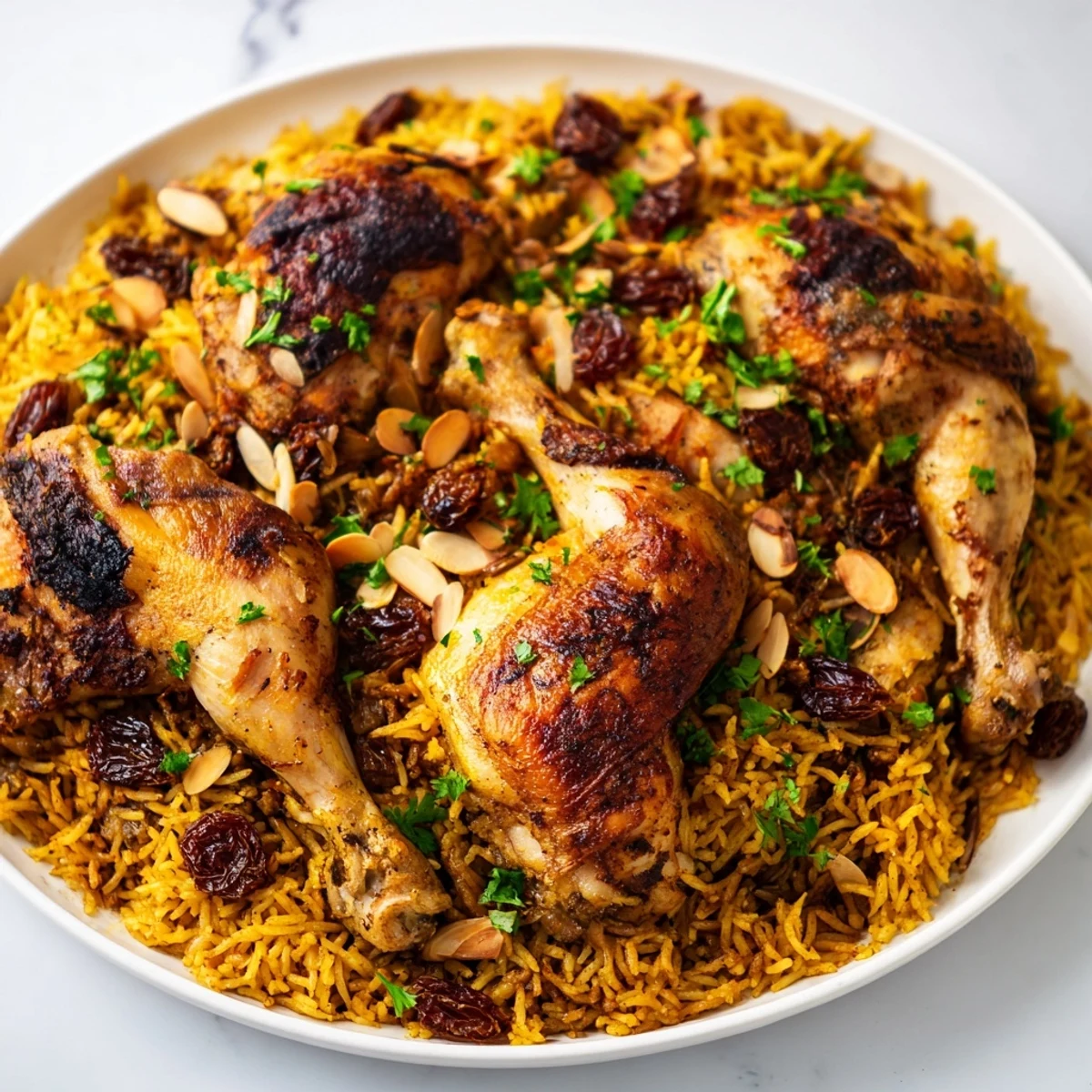 Golden saffron chicken and rice pilaf, a warm and comforting one-pot dinner, beautifully presented.