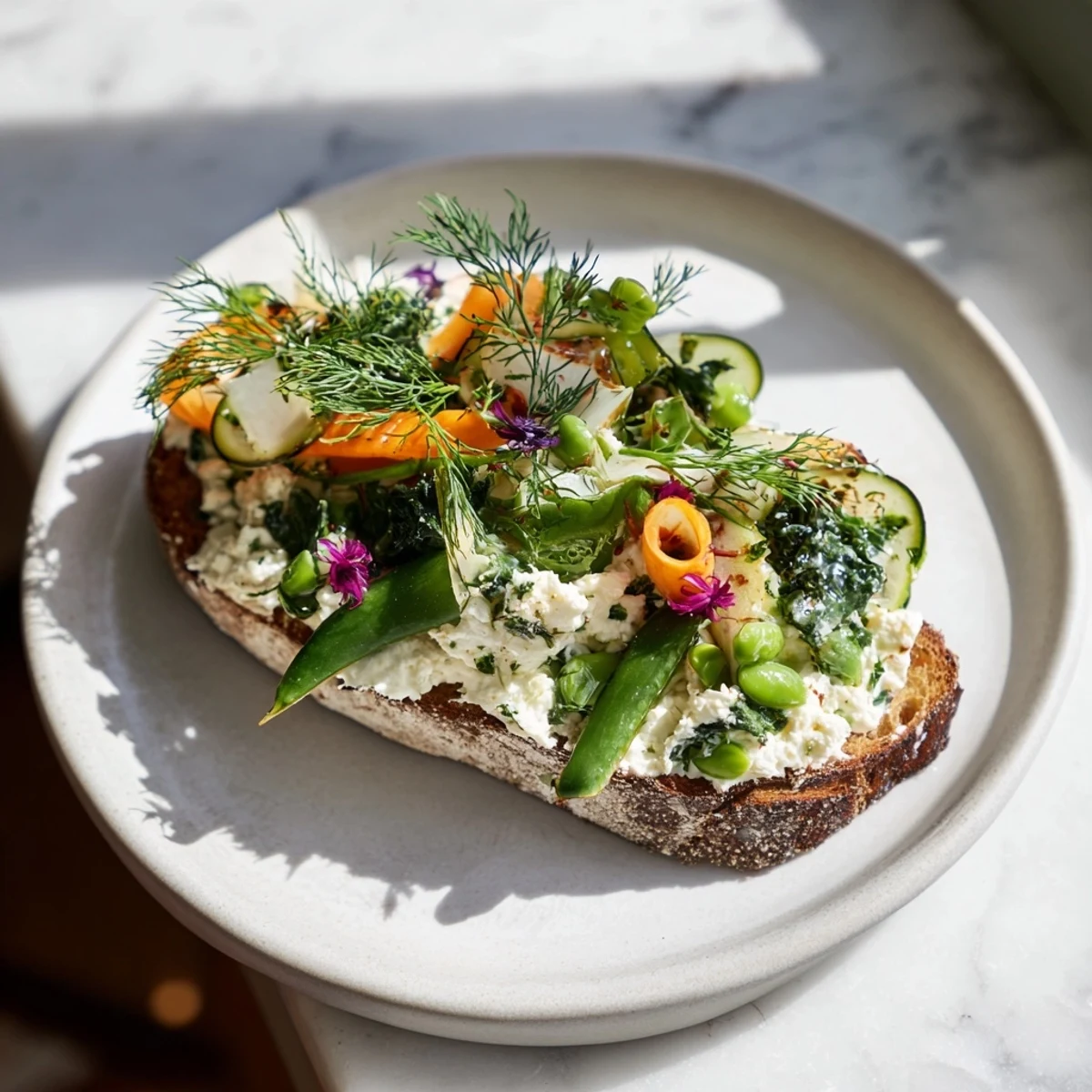 Golden, toasted bread piled high with Fresh Meadow-Inspired Garden Vegetable Tartines, ready to enjoy.