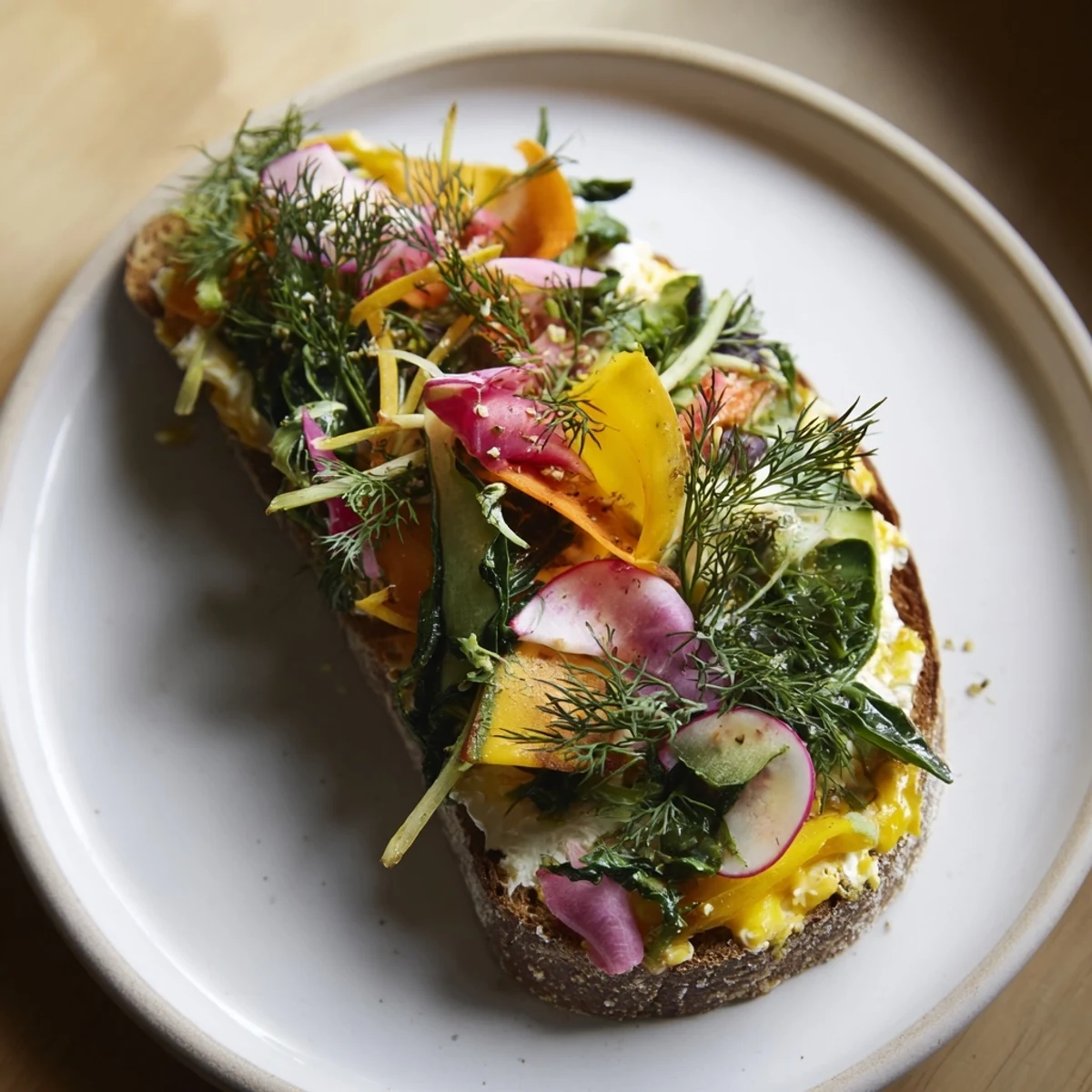 Vibrant Fresh Meadow-Inspired Garden Vegetable Tartines bursting with fresh veggies and creamy cheese, perfect for a light lunch.