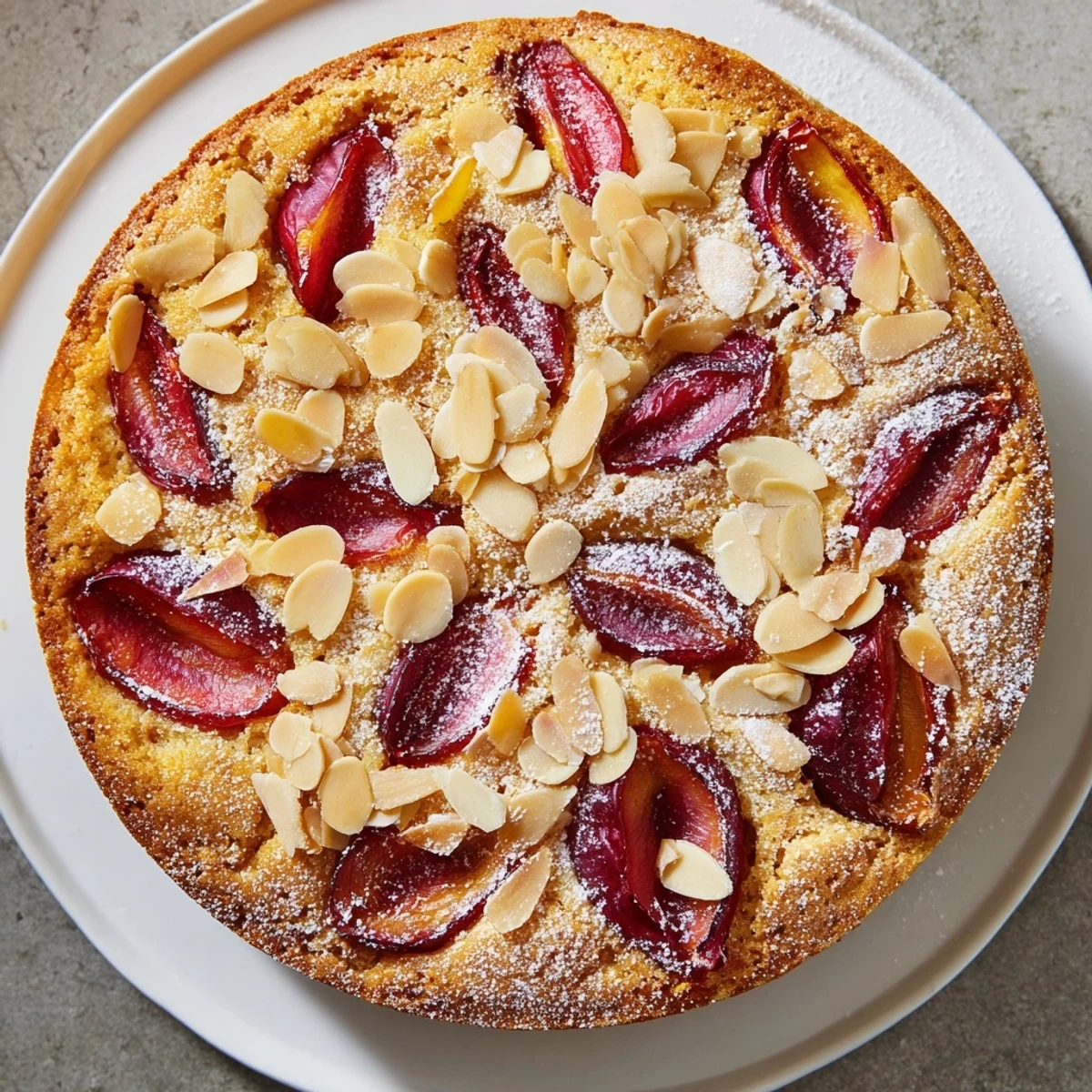 Golden, baked soft sweet plum-infused almond cake, richly flavored and topped with toasted almonds.