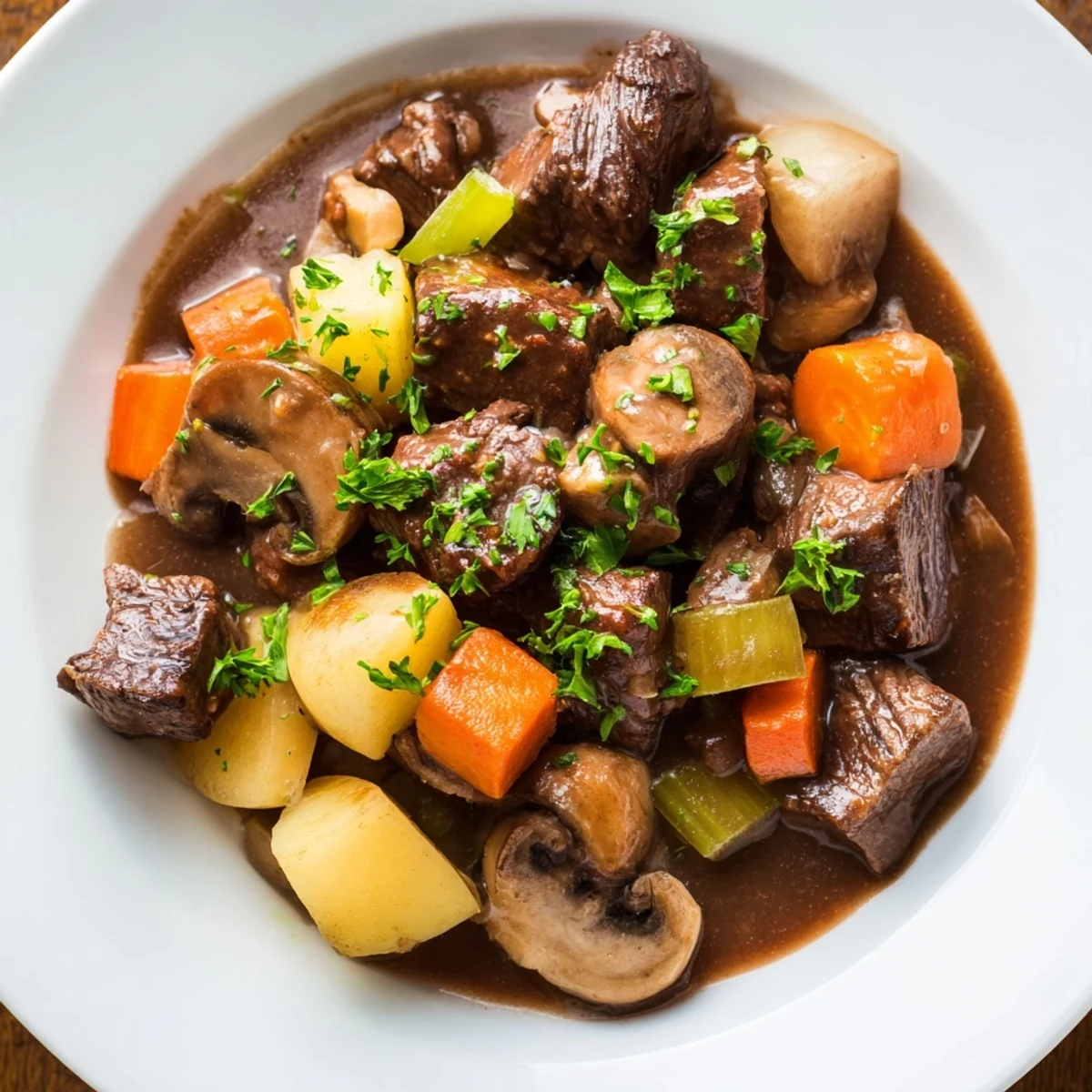 Hearty, earthy beef stew with rustic homemade bread, steaming and ready for a comforting meal.