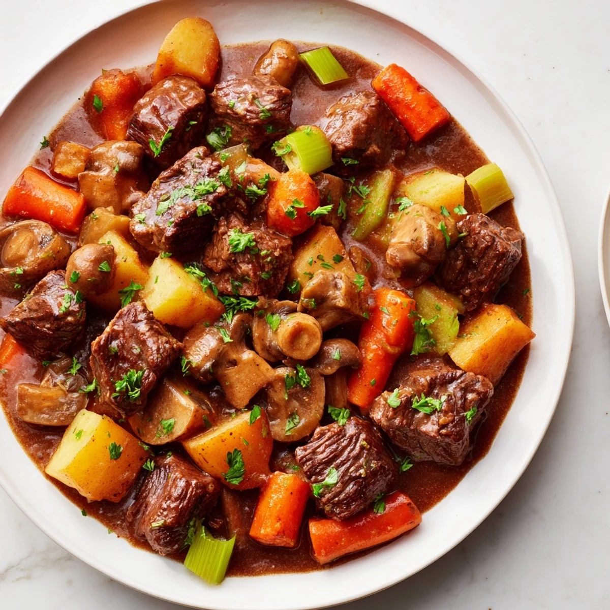 Golden-crusted homemade bread alongside a rich earthy beef stew, perfect for dipping and savoring.