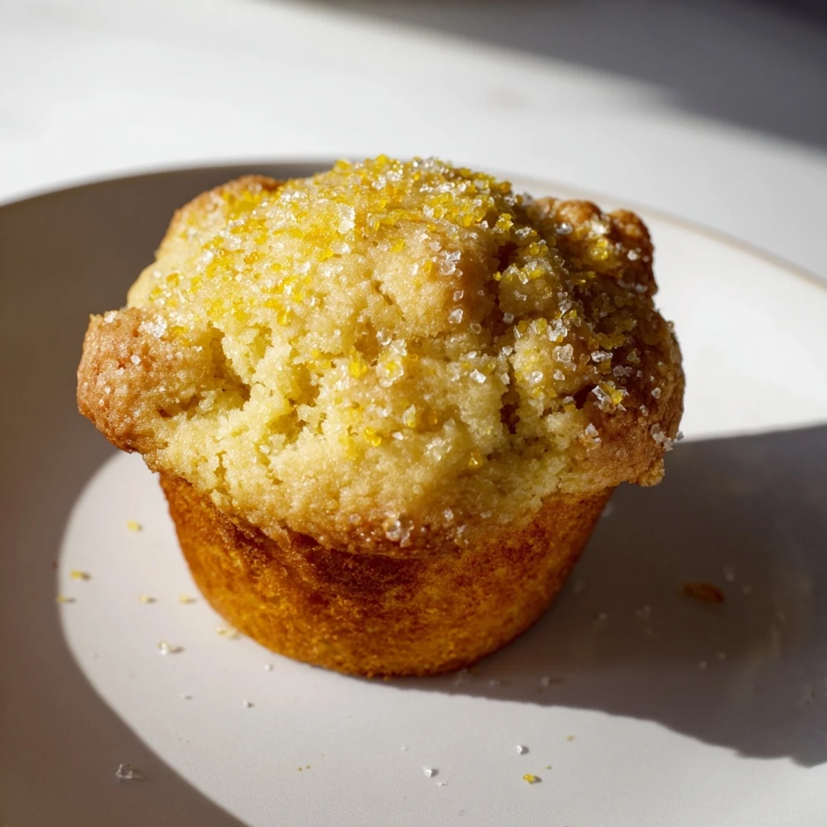 Freshly baked Simple Sweet Lemon Zest Muffins, speckled with zest, offer a sweet and tangy aroma.