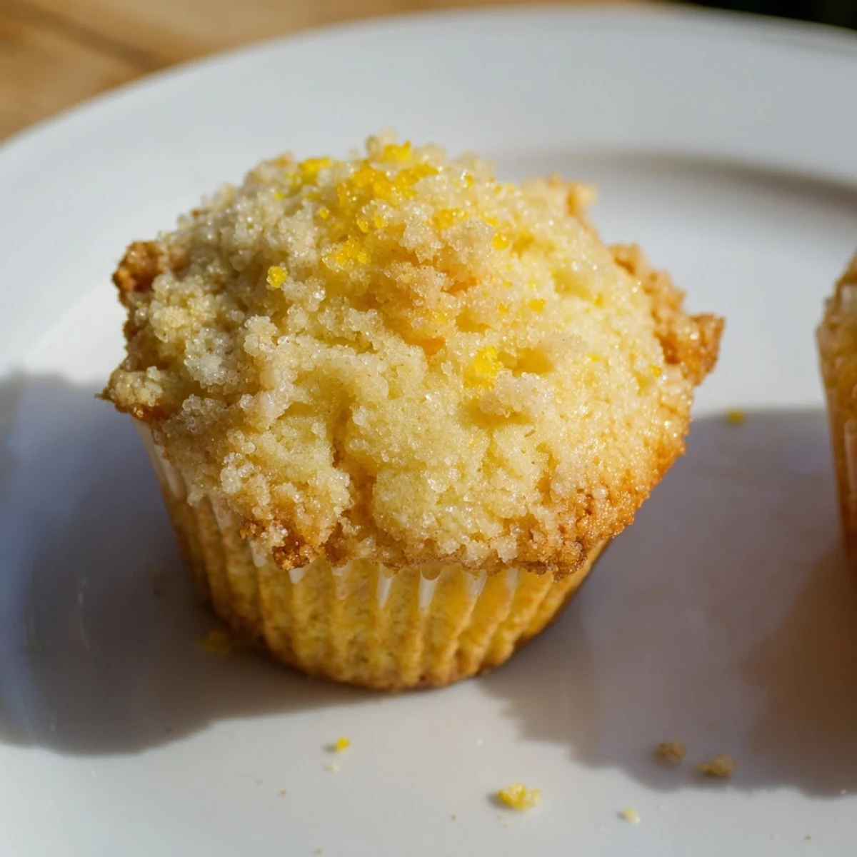 A close-up of light and airy Simple Sweet Lemon Zest Muffins, showcasing a delicate, tender crumb texture.