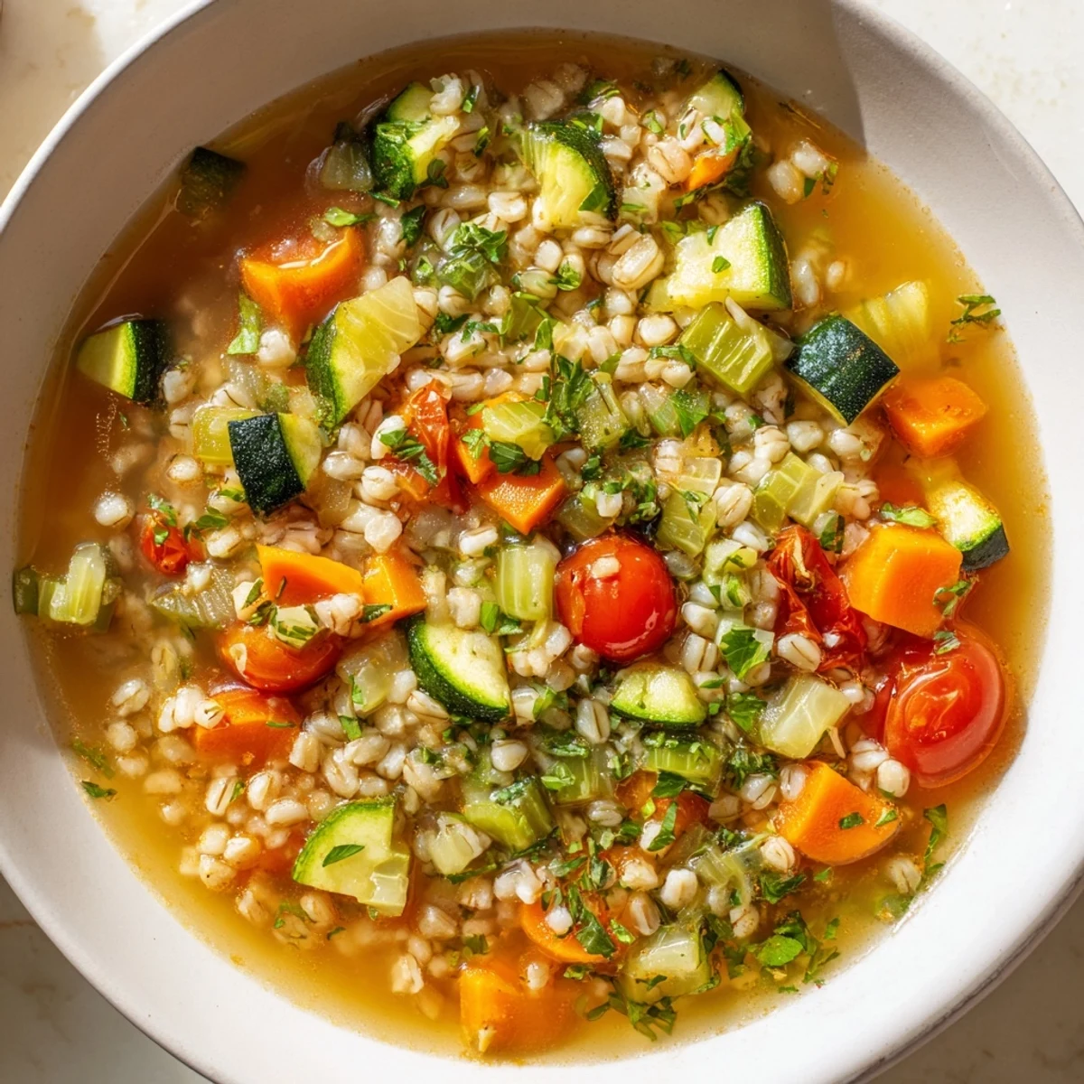 Steaming bowl of simple homemade grain and vegetable soup, filled with colorful, tender vegetables.