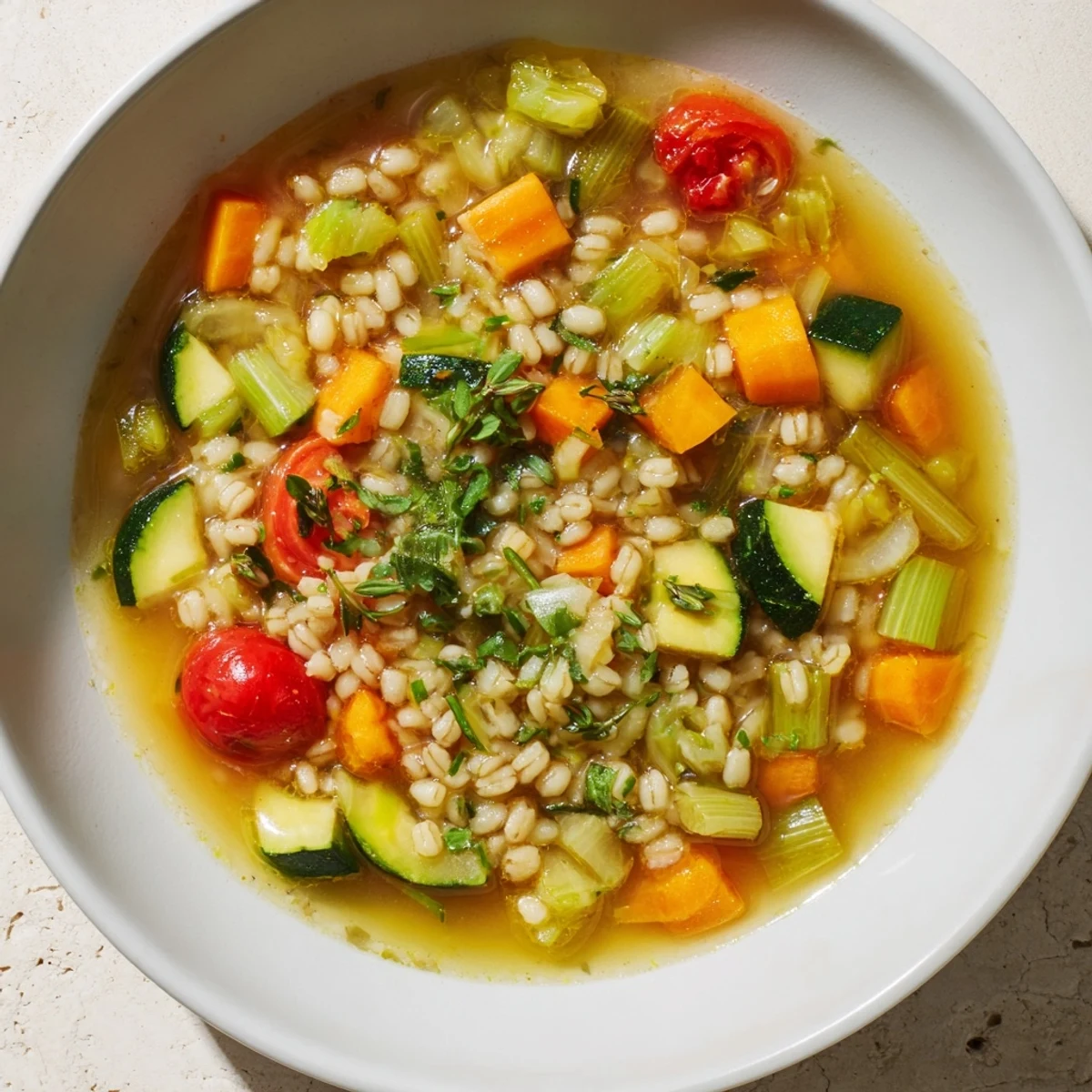 Delicious simple homemade grain and vegetable soup, garnished with fresh parsley, perfect for a cozy dinner.