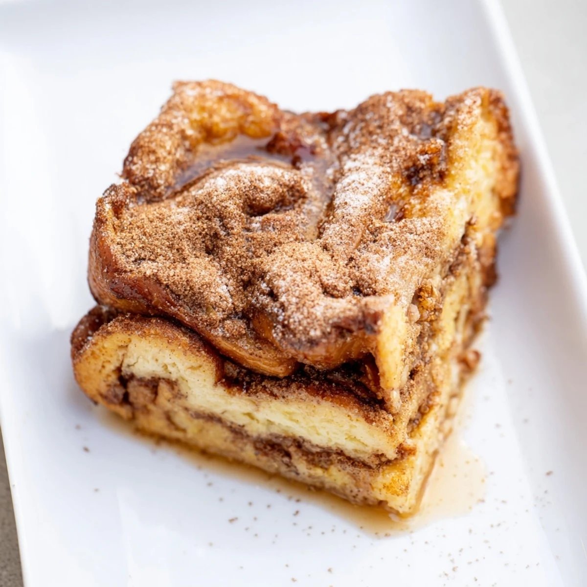 Warm, aromatic Soft Spice Baked French Toast Casserole, topped with melted butter and brown sugar, looks so tempting.