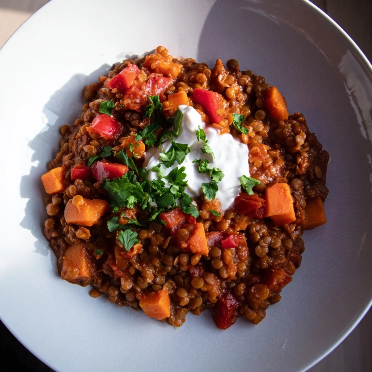 Bright red diced tomatoes and whole wheat berries star in this comforting Wheat-Warm Hearty Lentil Curry.