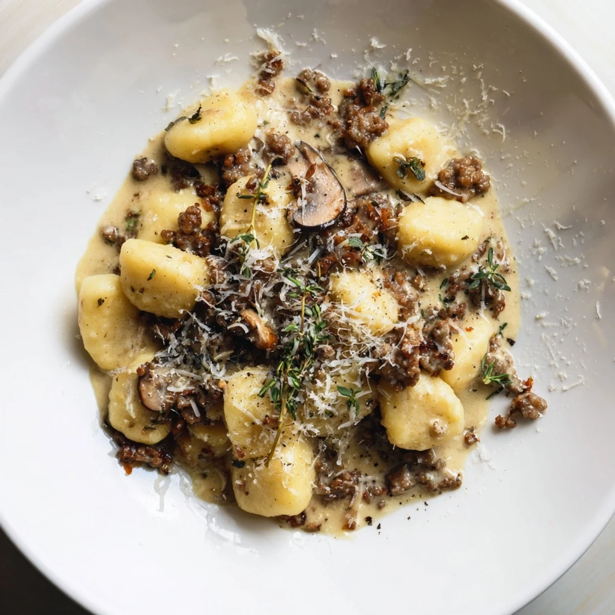 Earthy Woodsy Skillet Sausage and Mushroom Gnocchi, a creamy skillet dish with golden mushrooms and sausage.