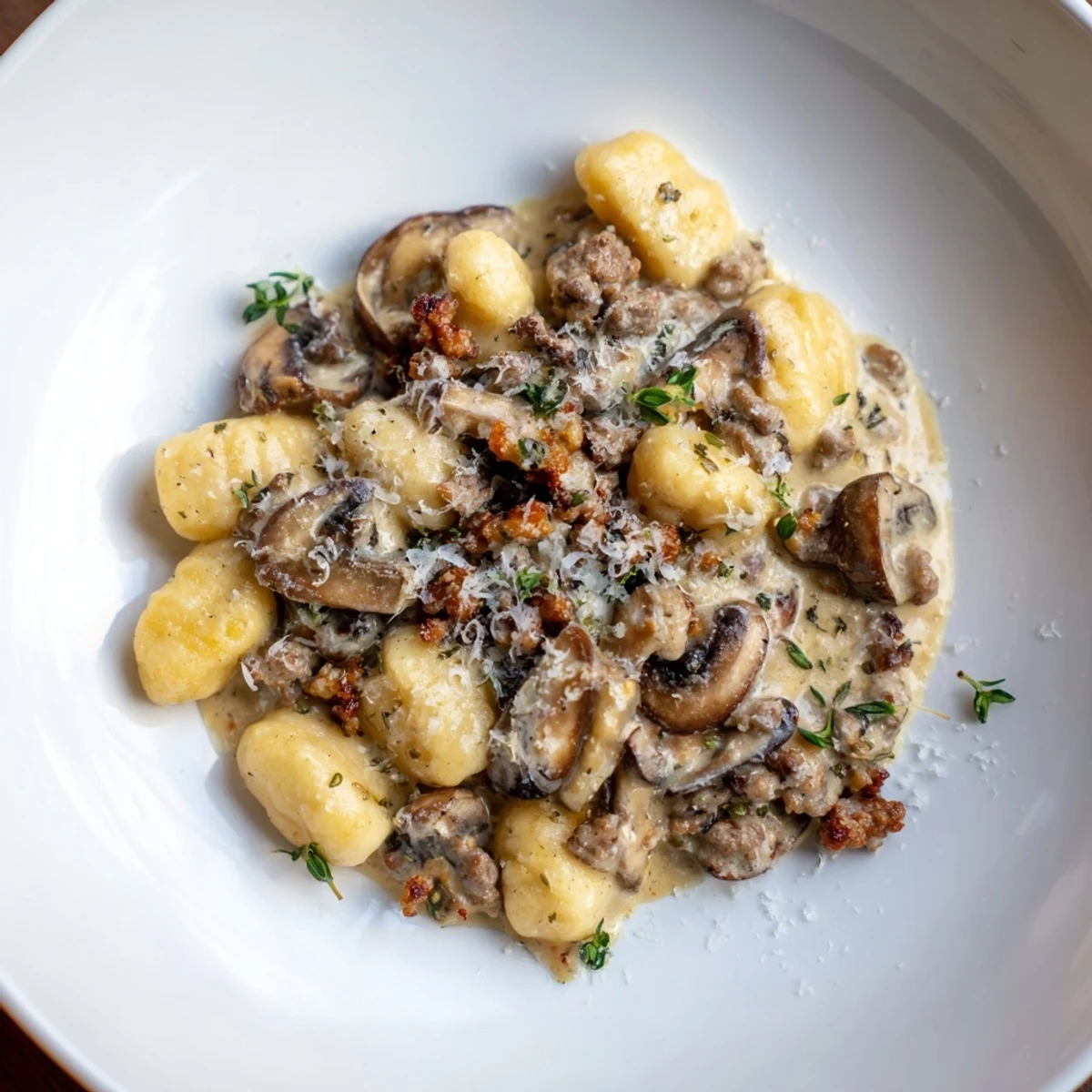 Warm aromas emanate from this delicious Woodsy Skillet Sausage and Mushroom Gnocchi dinner, ready to serve and enjoy.