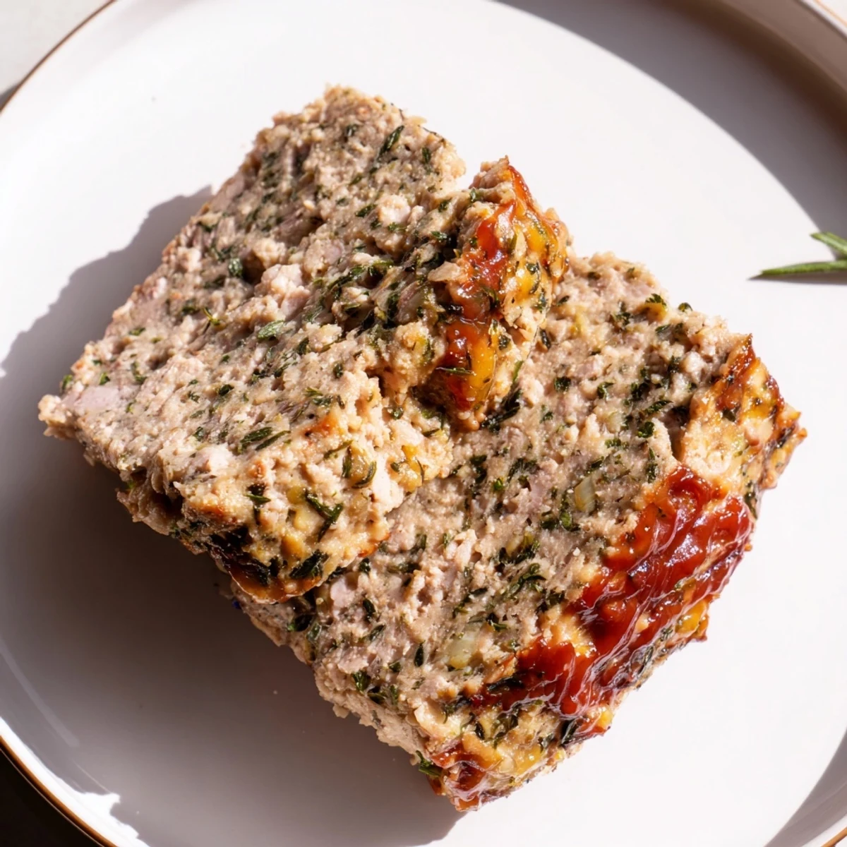 Delicious, herb-sprigged turkey meatloaf, glistening with a savory glaze, ready for a comforting family meal.