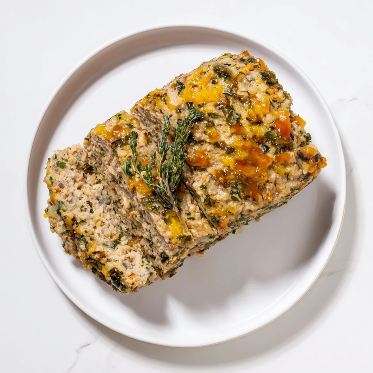 A close-up of tender everyday herb-sprigged turkey meatloaf, showcasing fresh herbs and a perfectly browned crust.