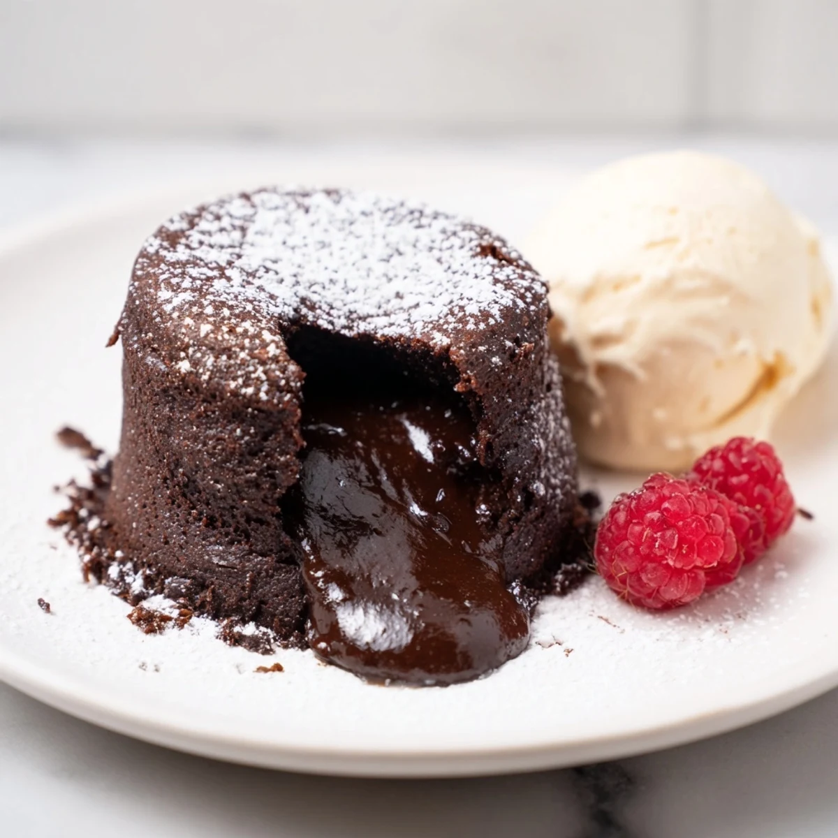 Warm, dark chocolate lava cakes, plated, ready to enjoy with a scoop of vanilla ice cream.