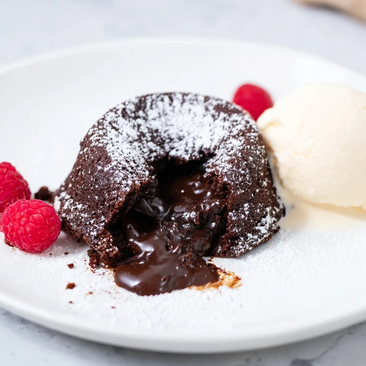 Molten cocoa center of rich dark chocolate lava cakes, oozing out after being inverted onto plates.