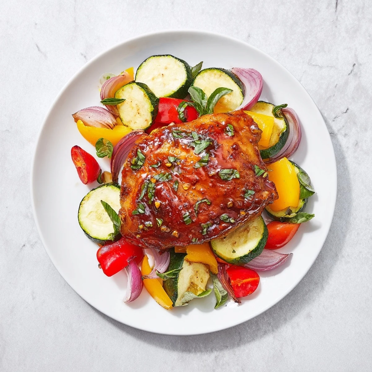 Juicy Basil-Soft Chicken nestled among roasted vegetables on a sheet pan, ready to serve.