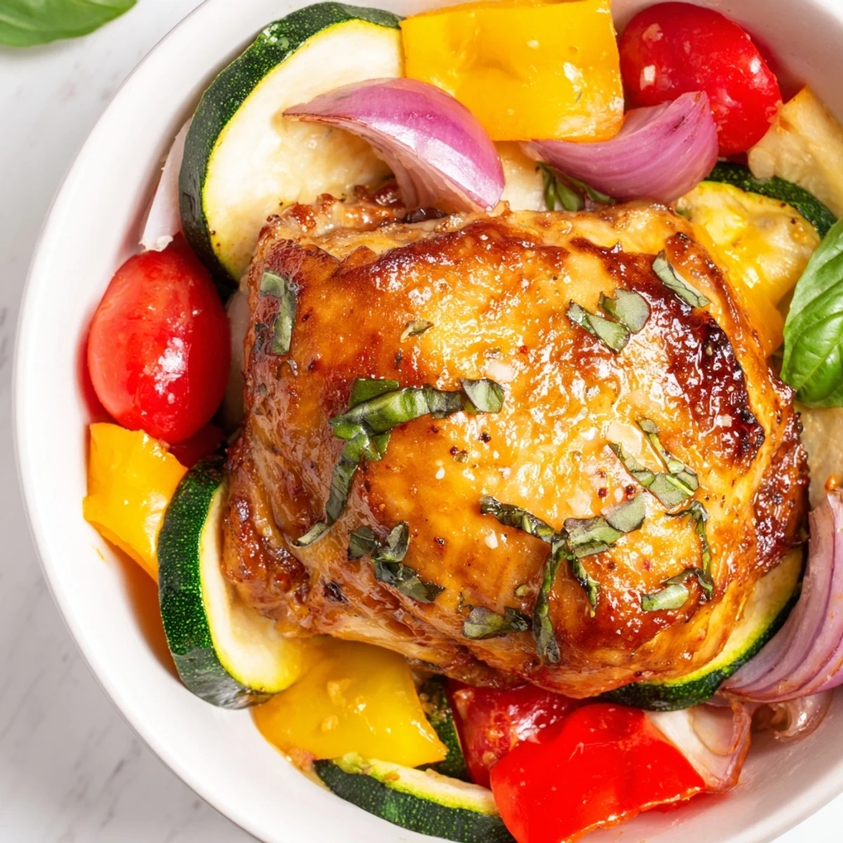 Golden-brown Basil-Soft Chicken with vibrant vegetables like bell peppers, zucchini, and cherry tomatoes.