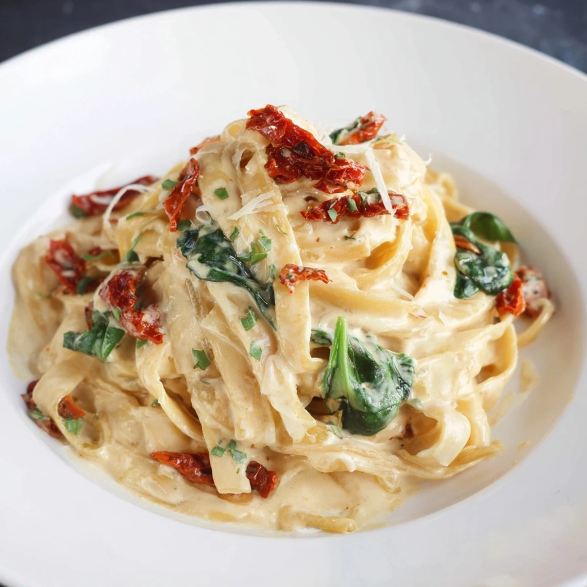 One-Pot Creamy Tuscan Garlic Herb Pasta, a warm bowl of creamy pasta with fresh basil and tomatoes.