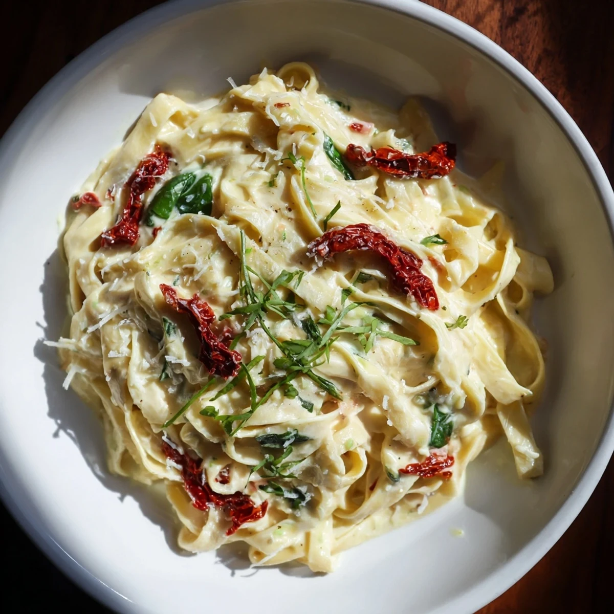 Enjoy a flavorful glimpse of One-Pot Creamy Tuscan Garlic Herb Pasta, featuring sun-dried tomatoes and spinach.