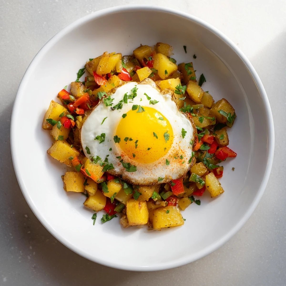 Vibrant Simple Skillet Egg and Potato Hash with a medley of sautéed vegetables, ready to serve with fresh parsley.