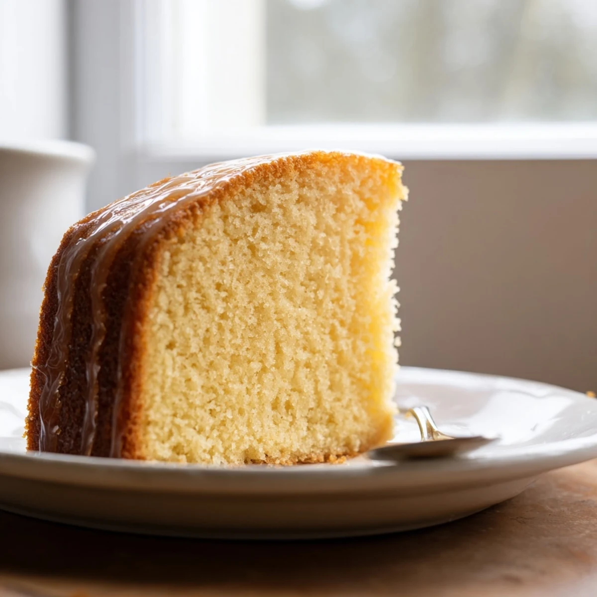 Golden, honey-kissed pound cake slice, showing a moist crumb and rich, buttery flavor perfect.