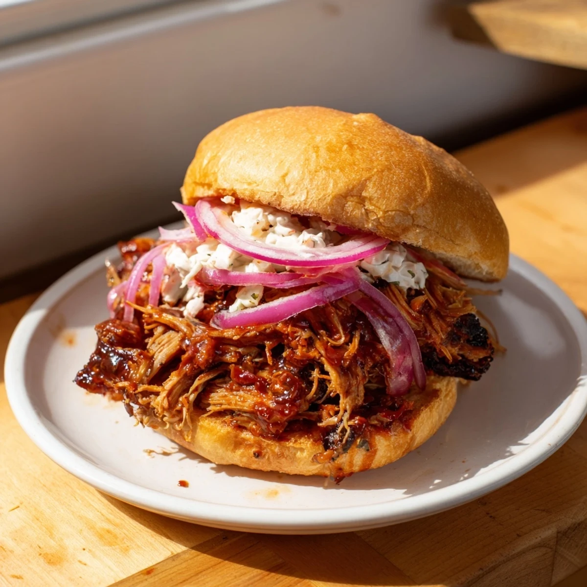 Juicy fire-kissed BBQ pulled pork generously filling toasted buns, offering savory and delicious textures.