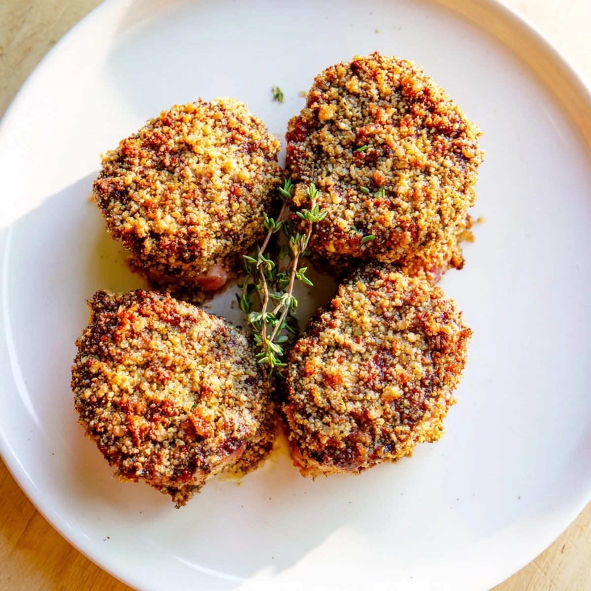 Golden-brown thyme and pecan crusted pork tenderloin, sliced ready to serve, a delicious main.