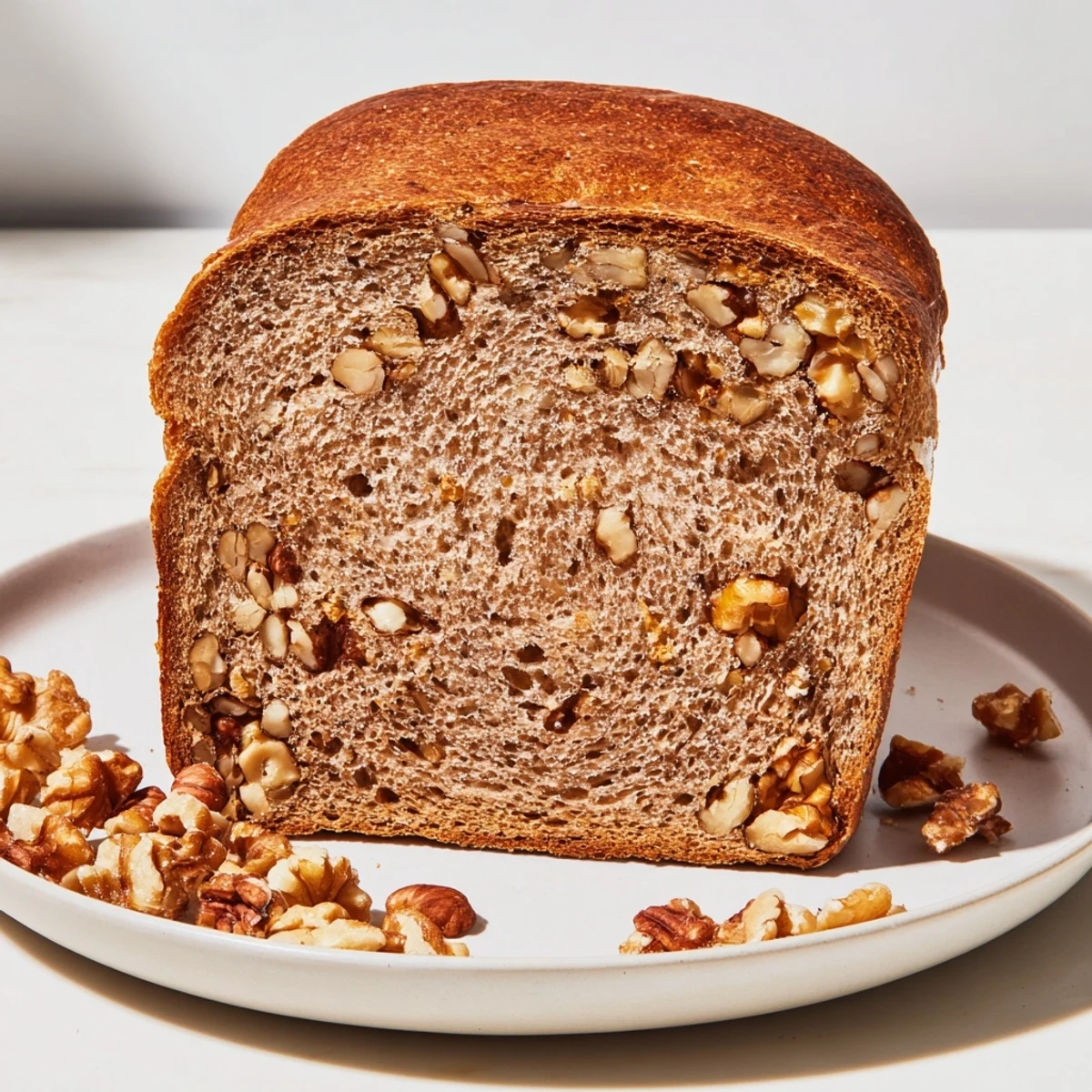 Freshly baked Nutty Whole Wheat Loaf Bread with visible nuts, ready to make delicious sandwiches.