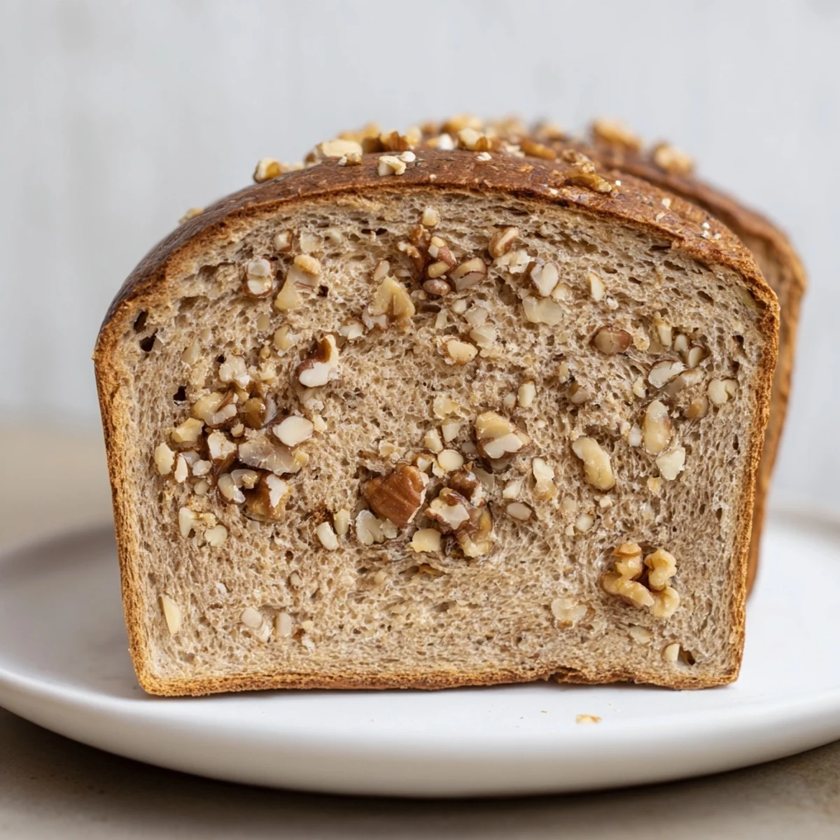 Close-up of a beautifully textured Nutty Whole Wheat Loaf Bread, ideal for serving with soup.