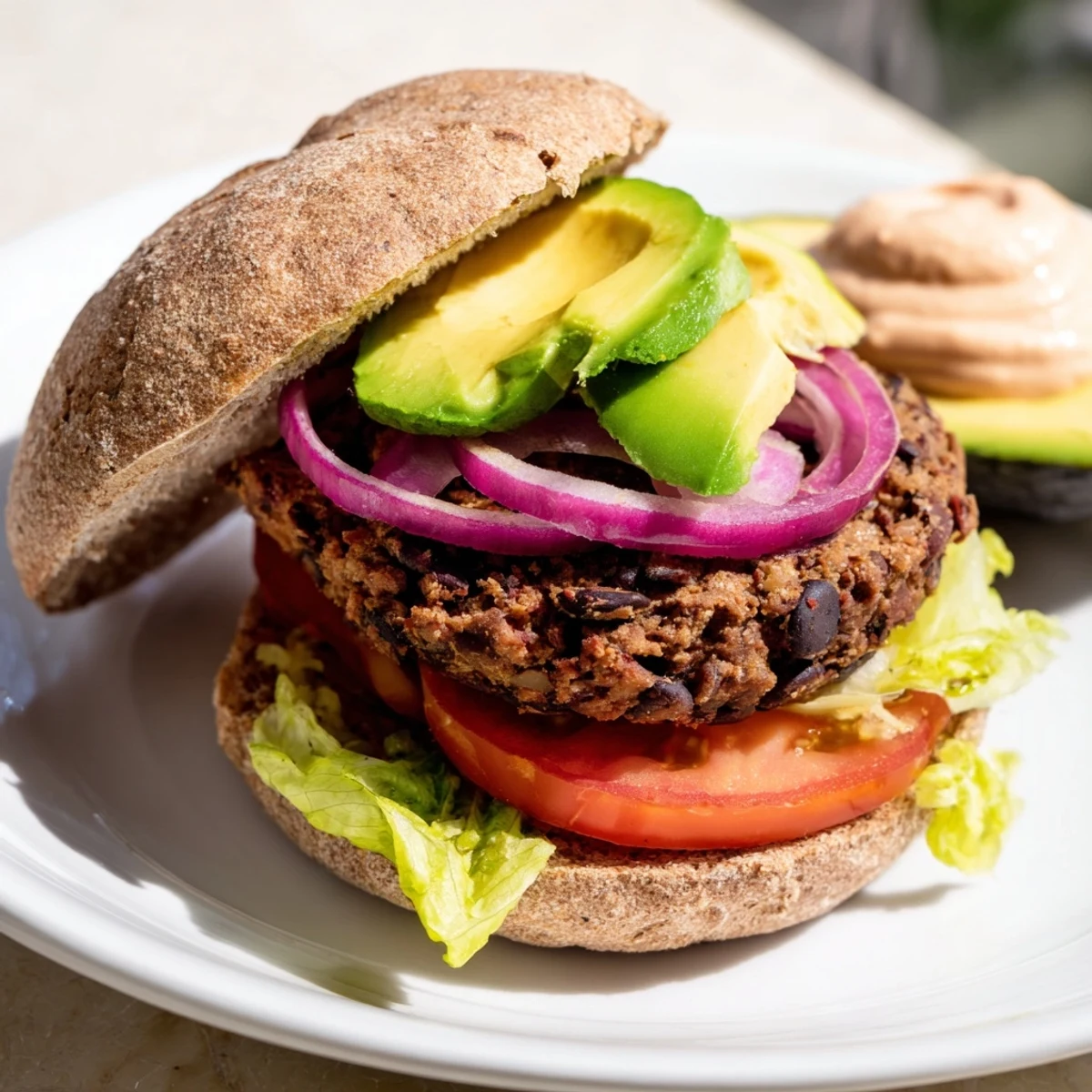 Close-up of a plated Zesty Weeknight Black Bean Burger, showcasing fresh avocado and toppings.