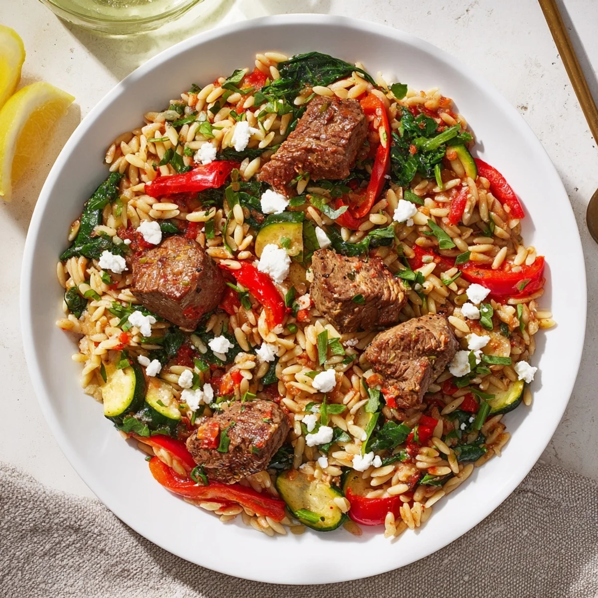 A steaming bowl of Smoky Mediterranean Lamb and Orzo Supper, garnished with fresh parsley and feta.