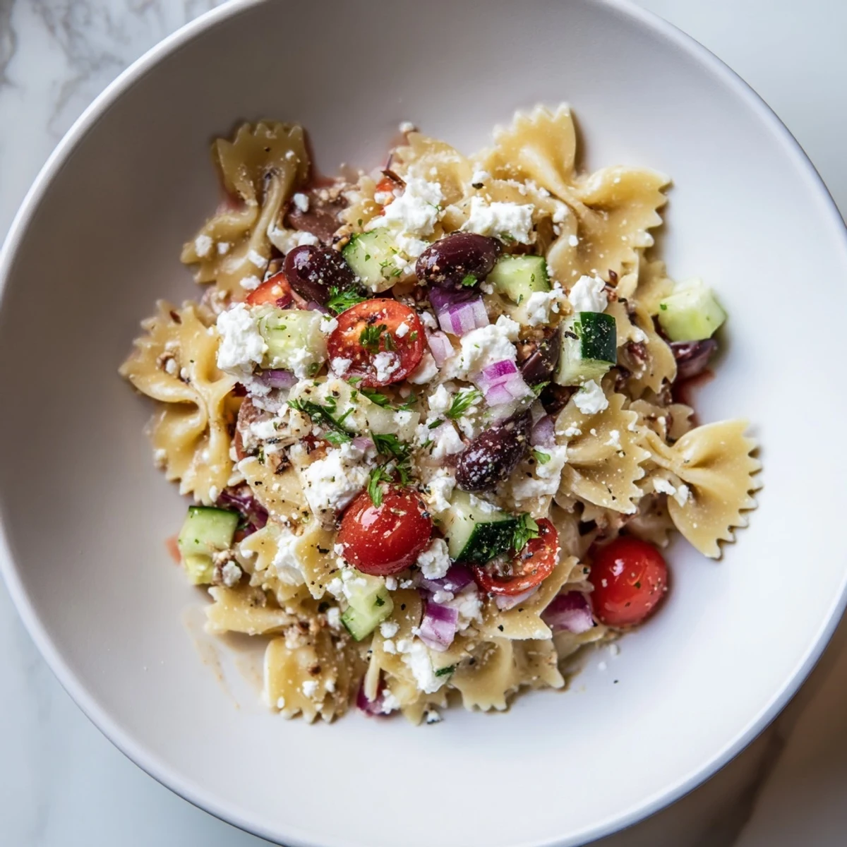 Mediterranean Olive Oil and Feta Pasta Salad, colorful and delicious, ready to serve with fresh herbs.