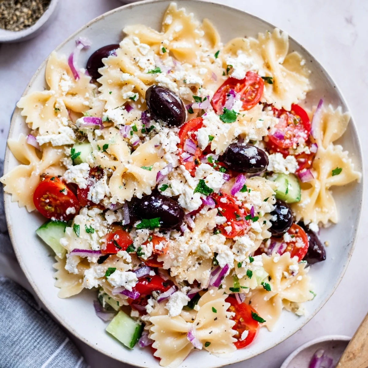 Fresh cherry tomatoes shine in this vibrant Mediterranean Olive Oil and Feta Pasta Salad recipe, perfect for summer.