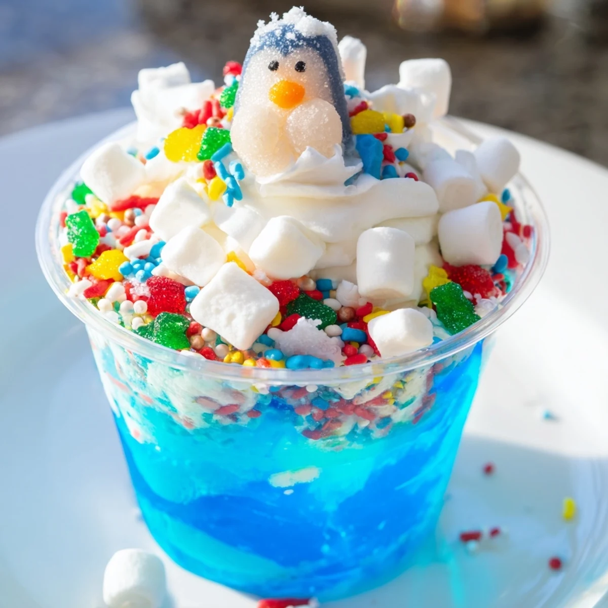 Snow Globe Jello Cups, a beautiful dessert, features playful candy and marshmallow snow.