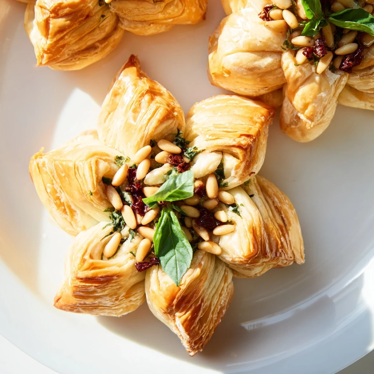 Golden, baked Poinsettia Puff Pastry Appetizer, a savory holiday treat with cream cheese filling.