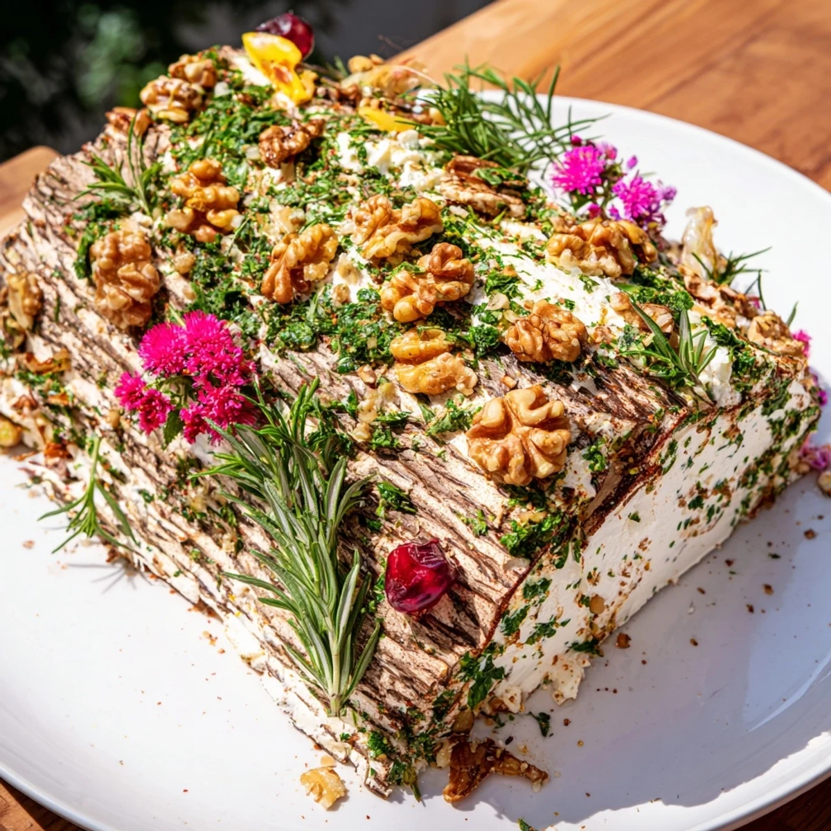 Festive Yuletide Log Cheese Centerpiece, a creamy cheese appetizer shaped like a holiday yule log.