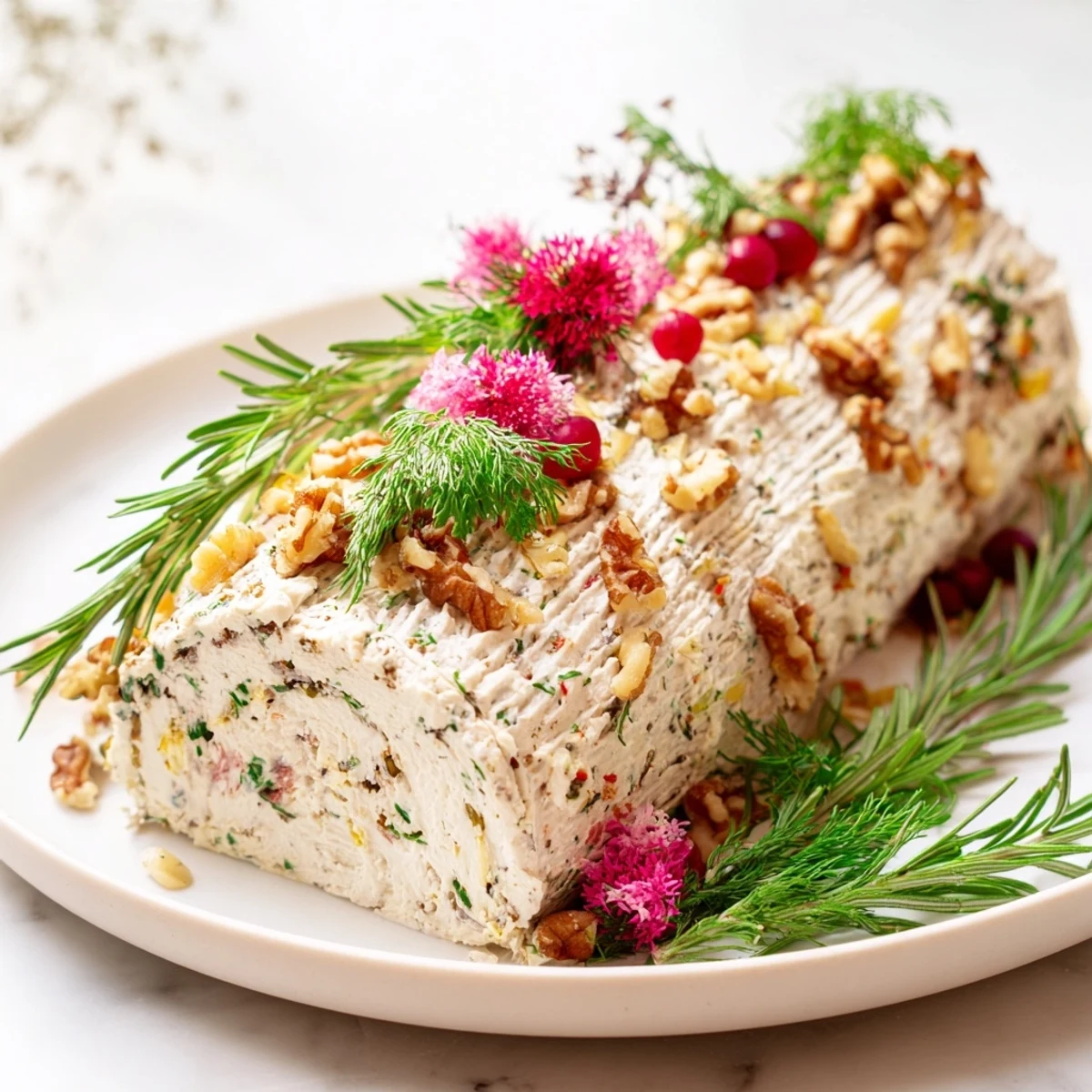 Delightful creamy Yuletide Log Cheese Centerpiece, vividly decorated with rosemary and edible garnishes, perfect for a party.