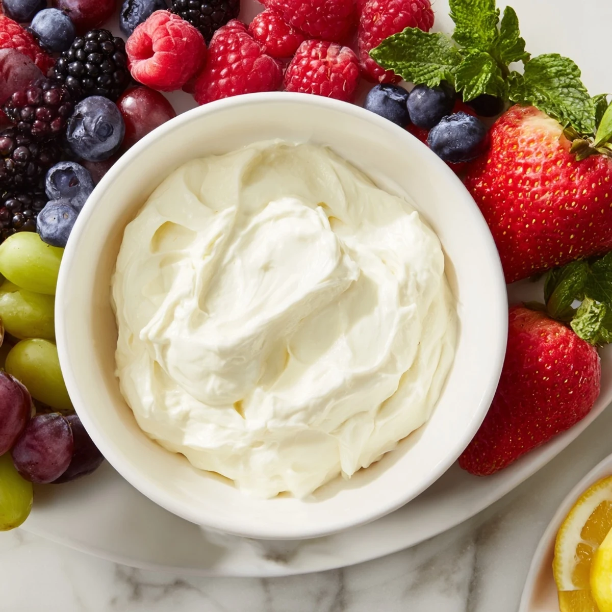 Vibrant Mistletoe Kiss Berry Dip Board, showcasing fresh red berries and a refreshing, citrus-infused dip, ready to enjoy.