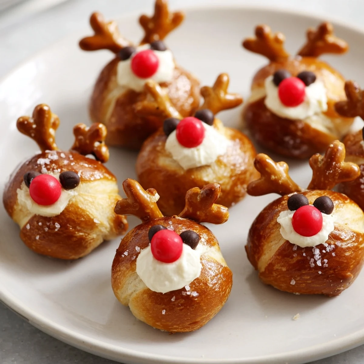Rudolf's Red Nose Pretzel Bites: Baked pretzel bites with melty cheese and festive red candy noses.