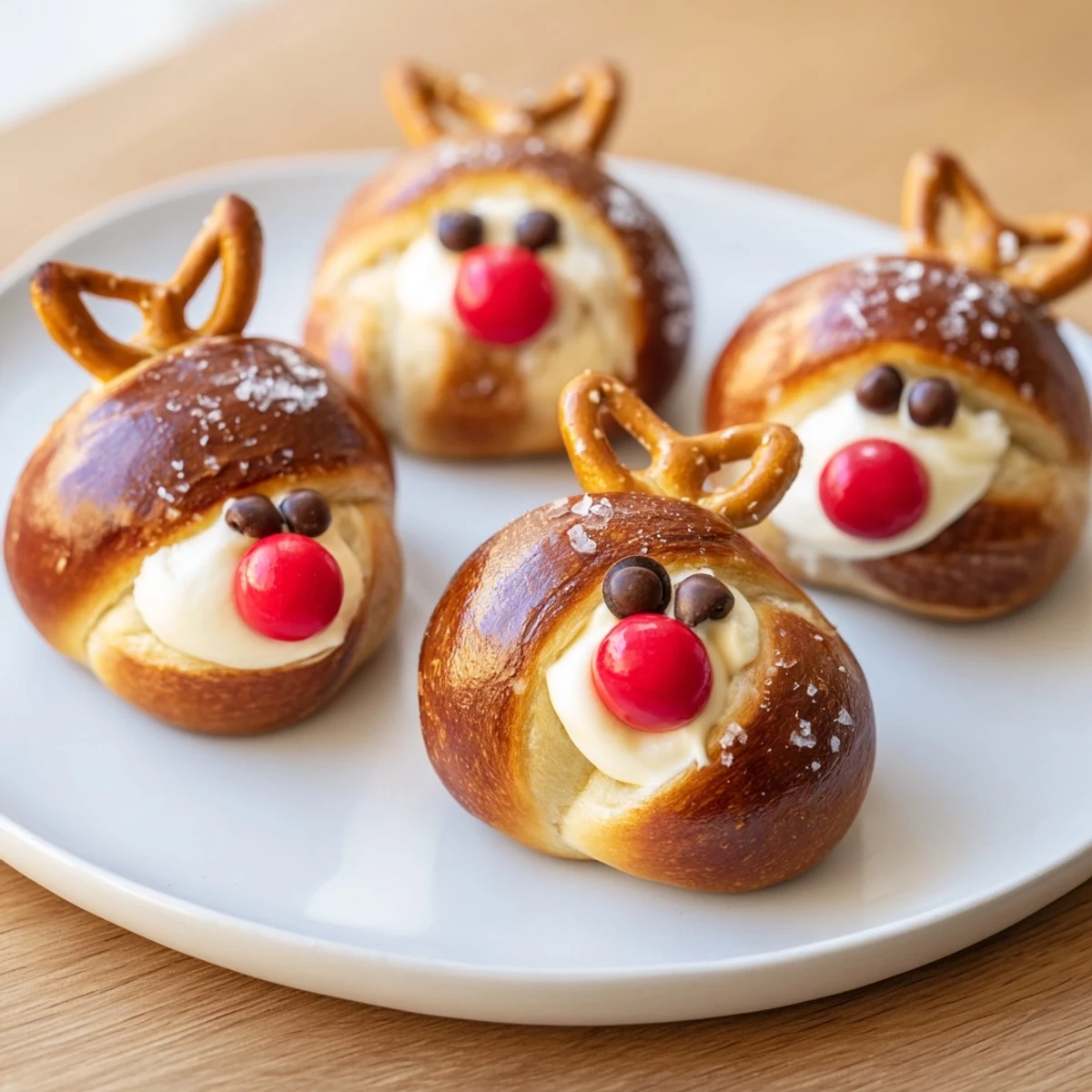 Savory Rudolfs Red Nose Pretzel Bites, golden brown with cheese centers and pretzel "antlers."
