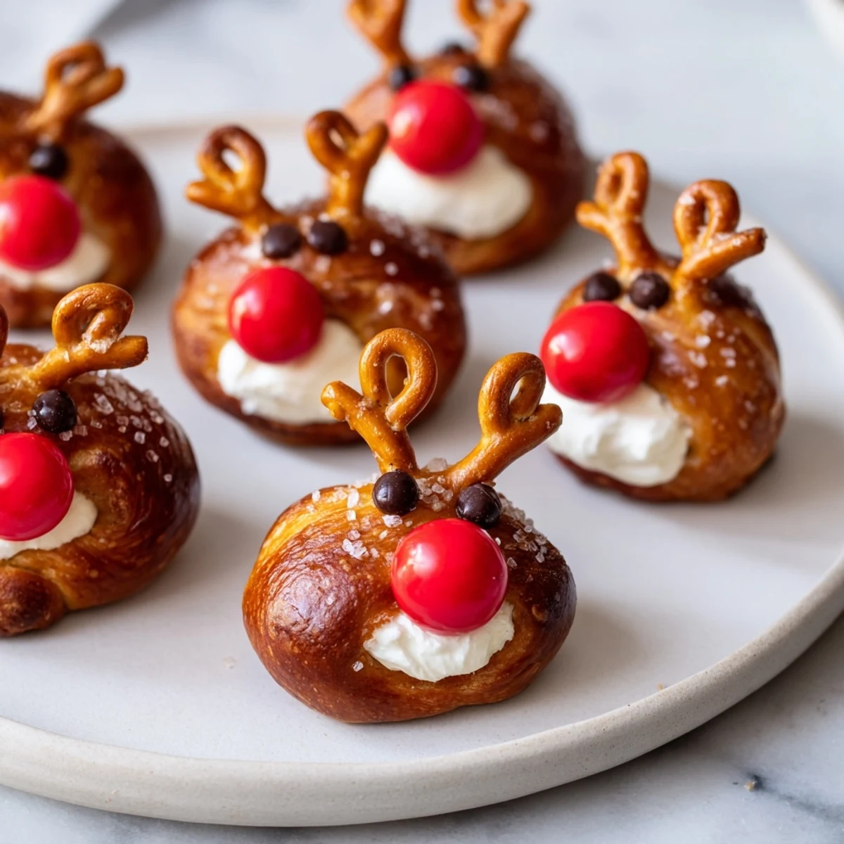 Holiday appetizer: Cheesy Rudolf's Red Nose Pretzel Bites, decorated with red noses and candy eyes.