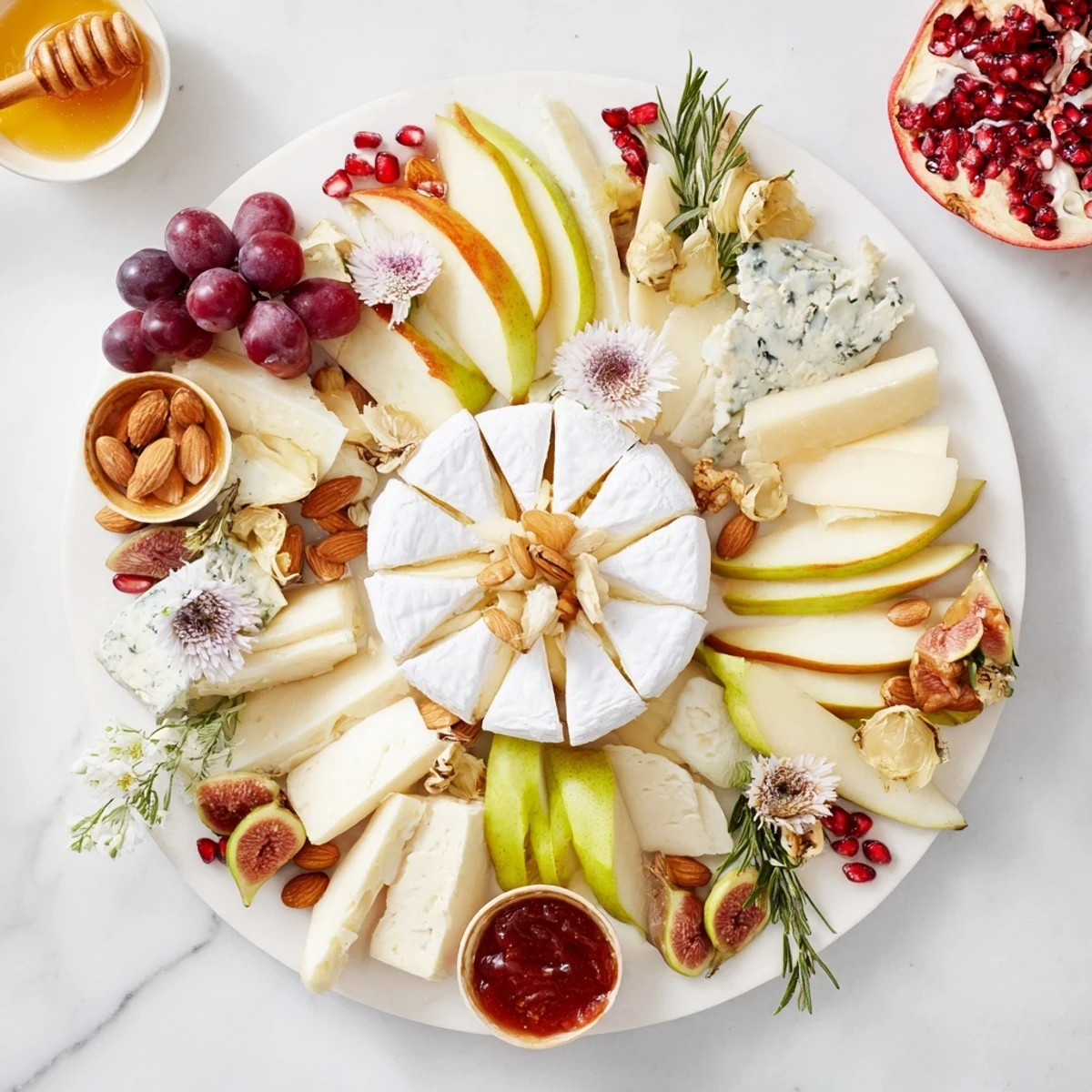 Star shaped Star of Bethlehem Cheese Platter with creamy Brie, fresh fruit and honey; perfect appetizer.