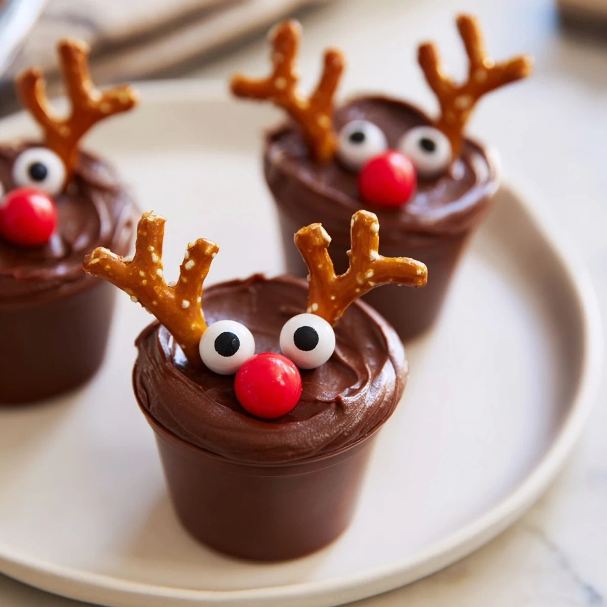 Festive chocolate reindeer pudding cups on a dessert board offer sweet, chocolatey holiday fun.
