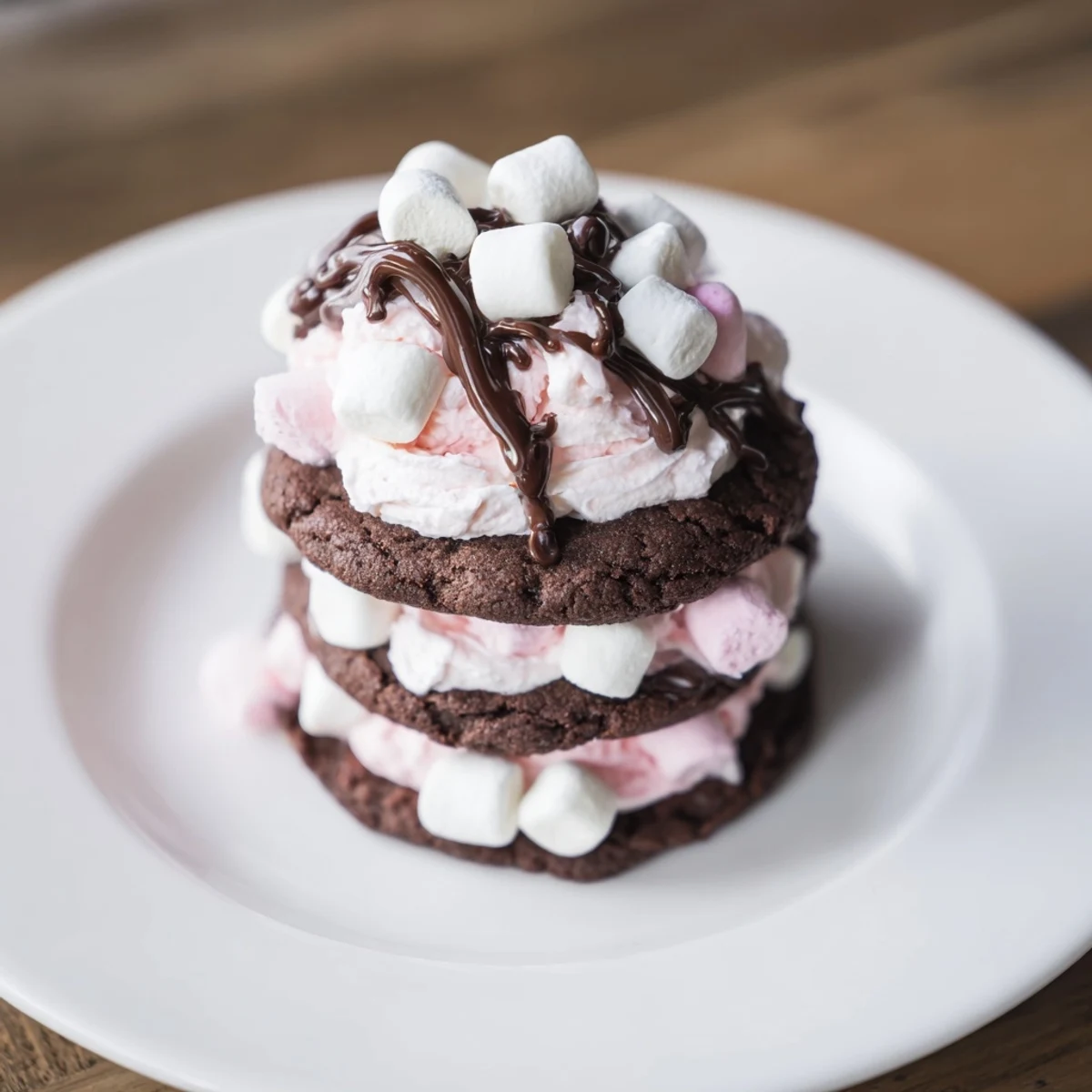 Hot Cocoa Mug Cookie Stack: A delightful dessert, three layers of chocolate cookies covered in fluffy marshmallow.