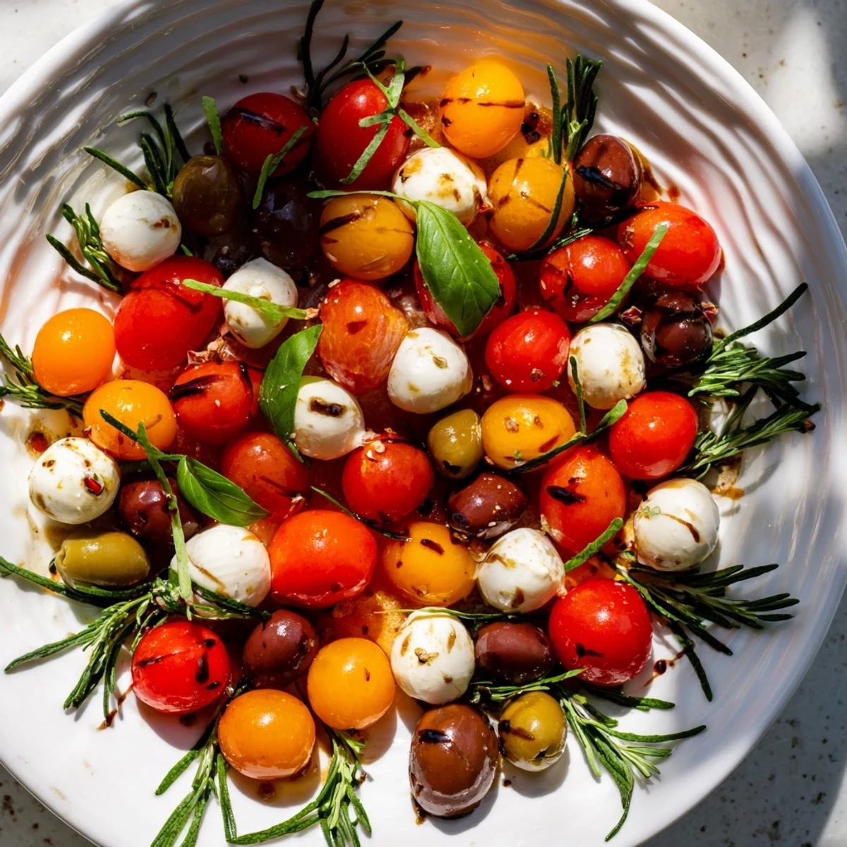 Vibrant Olive and Cherry Tomato Wreath appetizer, bursting with fresh herbs and a Mediterranean flavor.
